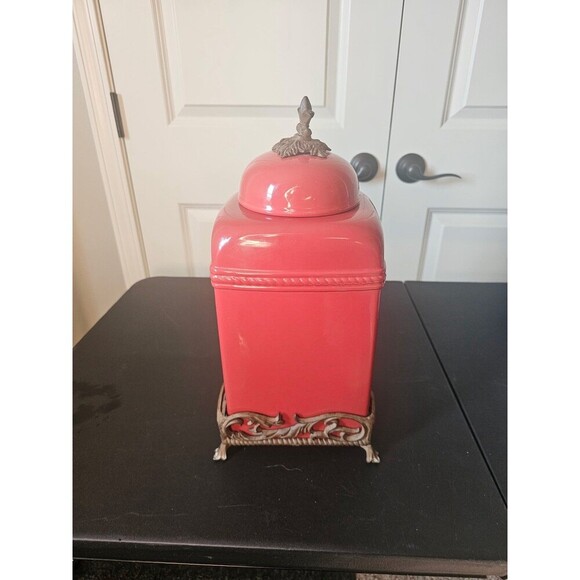Belaverra red ceramic canister with metal base - Picture 1 of 8